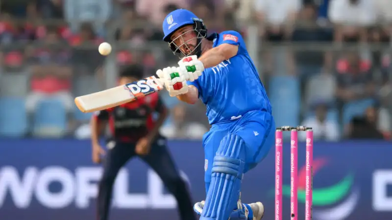 Nepal batter plays shot during Nepal vs Italy 17th Match Group C February 12 2026 at Wankhede Stadium